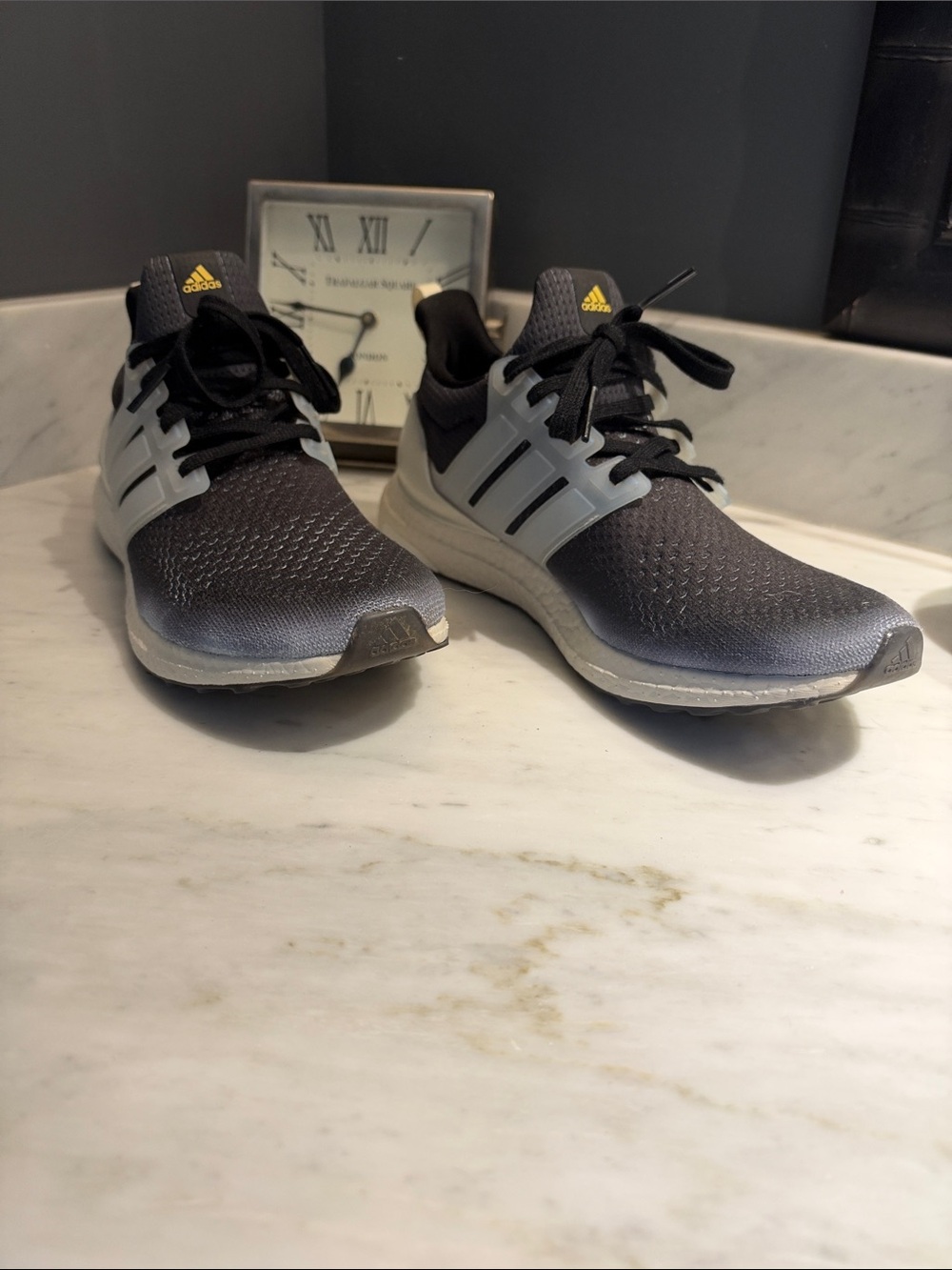 adidas Men’s Black and Gray Athletic Running Shoes with Gold Logo